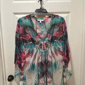 Jennifer Lopez Sheer V-Neck Floral Tunic in Teal and Pink